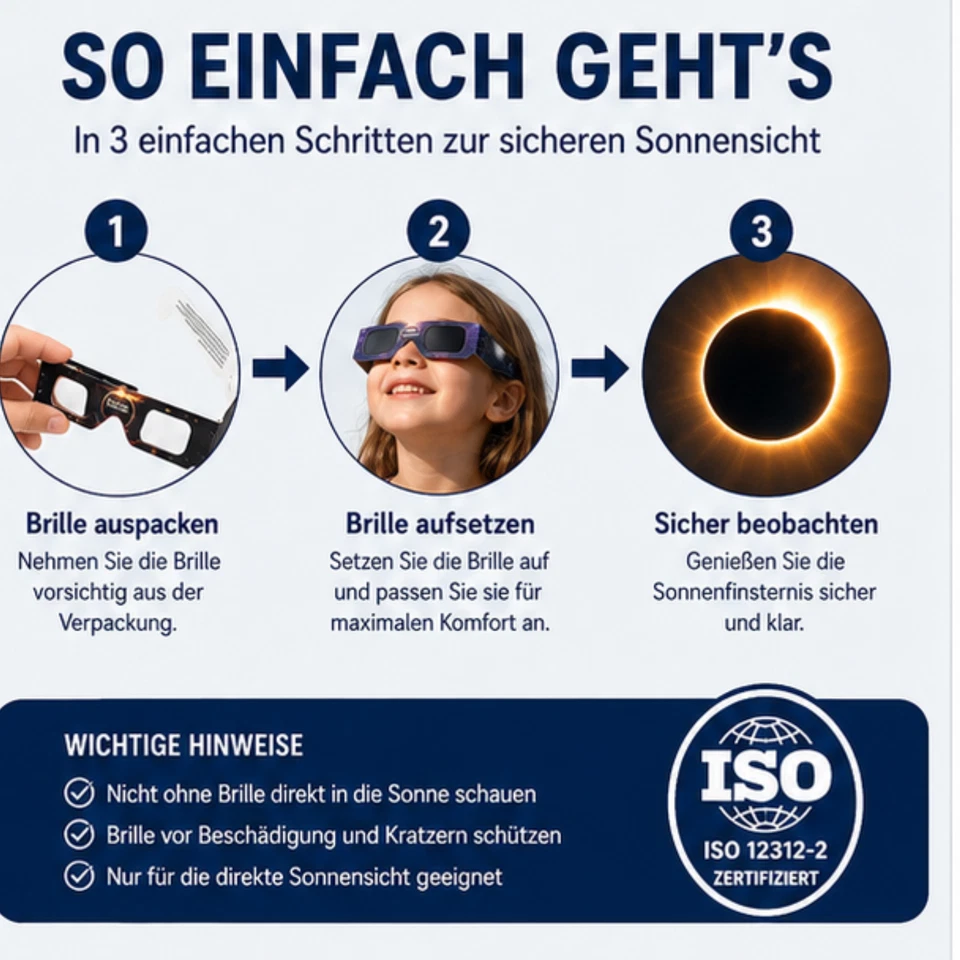 10 Stück Sonderangebot Sonnenfinsternis Brille CE ISOzertifiziert Sicher Sonnens - Bild 2 von 4