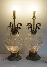 VTG MCM Pair of Hollywood Regency Table Lamps Diamond Glass Crystal Prisms Brass