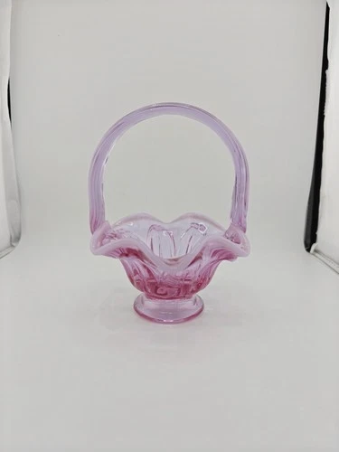 Vintage Fenton Pink Opalescent Glass Basket Ruffled Edge 6.25" Bride's Basket