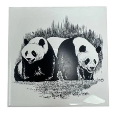 Vintage Panda Theme Ceramic Tile Trivet W/ Cork Backing 6x6 Screen Craft