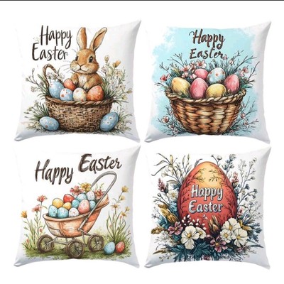 Set Of 4 Adorable Happy Easter Spring Bunny Throw Pillow Covers 18X18''