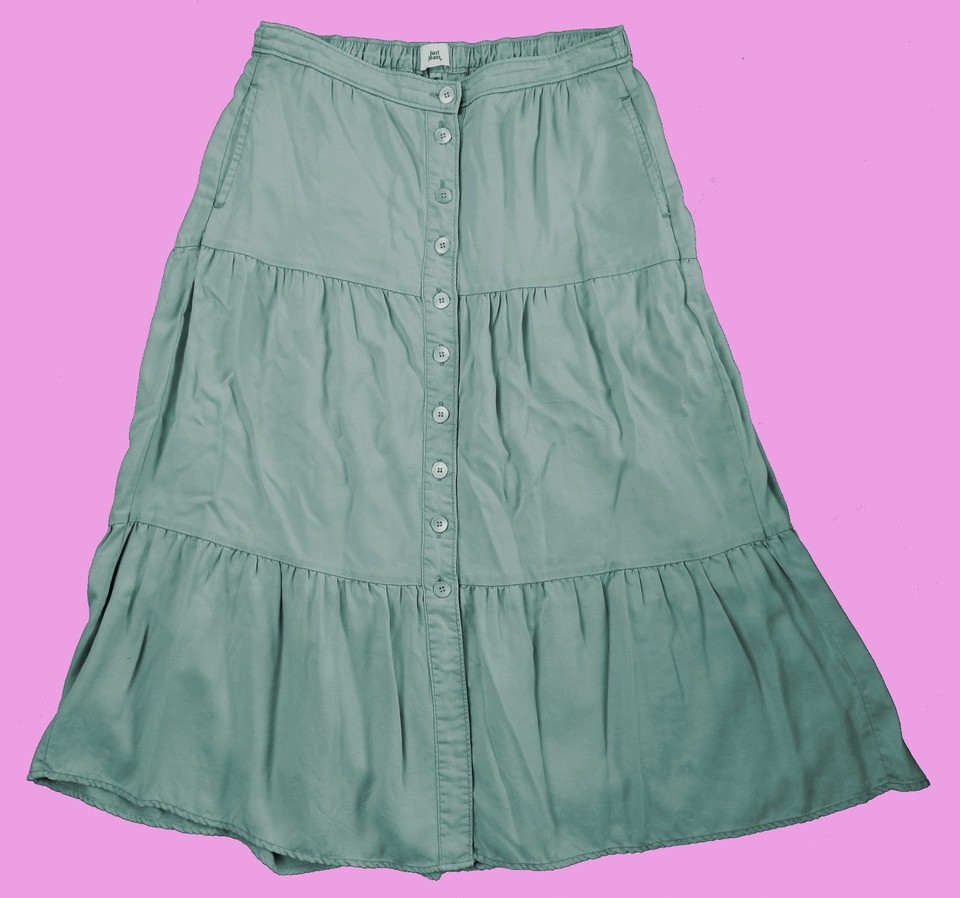 JUST JEANS pale green elastic back waist tiered side pockets maxi skirt M (12)!