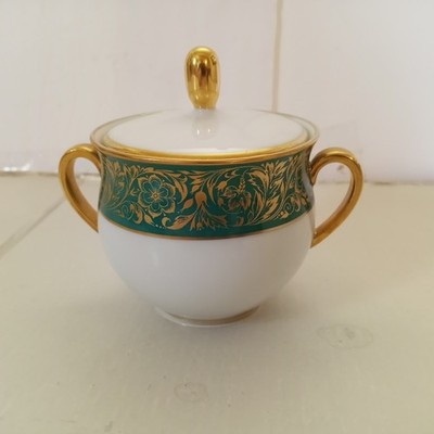 Rare E&R Furstenberg Germany Porcelain Sugar Bowl with Lid Monarch Green Vintage