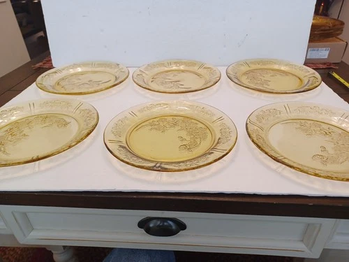 Federal Glass Cabbage Rose Amber 9" Dinner Plates Set Of 6 FREE SHIPPING