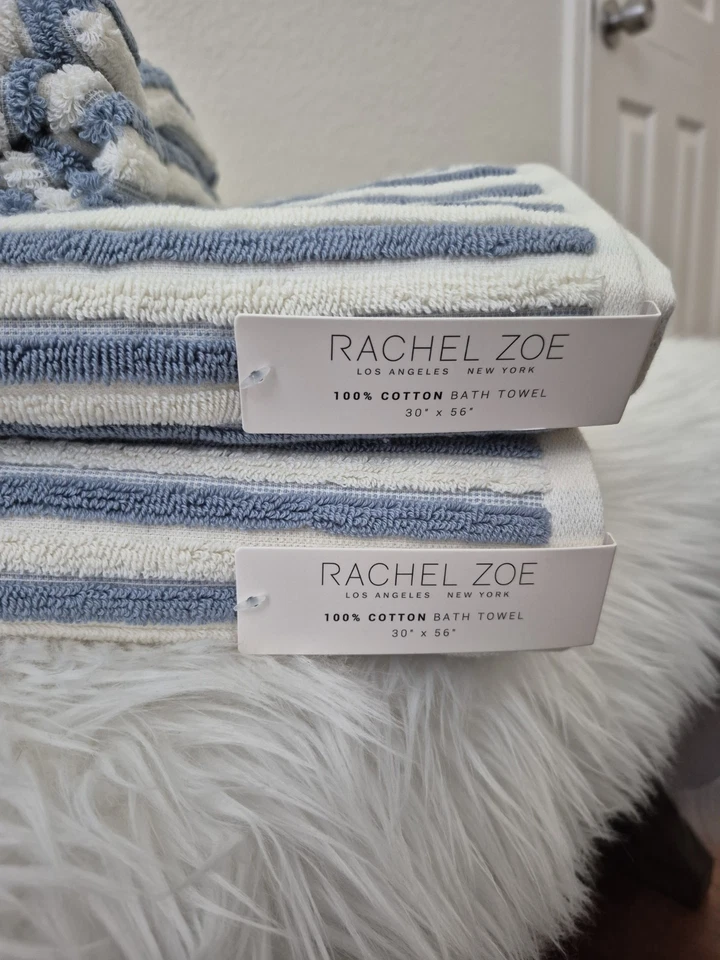 Juego de toallas de baño Rachel Zoe 4 piezas (2 baños + 2 toallas de mano) blanco y azul claro NUEVO Foto 3 de 4