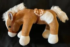FREE STANDING 10" PLUSH TAN & WHITE PONY HORSE STUFFED ANIMAL W/ PLAID SADDLE
