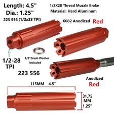 22/223/556 1/2x28 TPI 4.5" Extra Long Linear Compensator Muzzle Brake,Red,Washer
