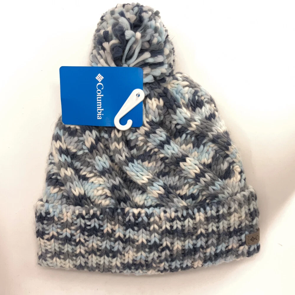 Columbia light blue white pattern knit warm winter pom hat sherpa fleece lining