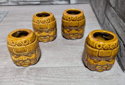 READ Set Lot Of 4 Olmec Head Tiki Shot Glasses Cup Figurine Ancient Mexico Decor