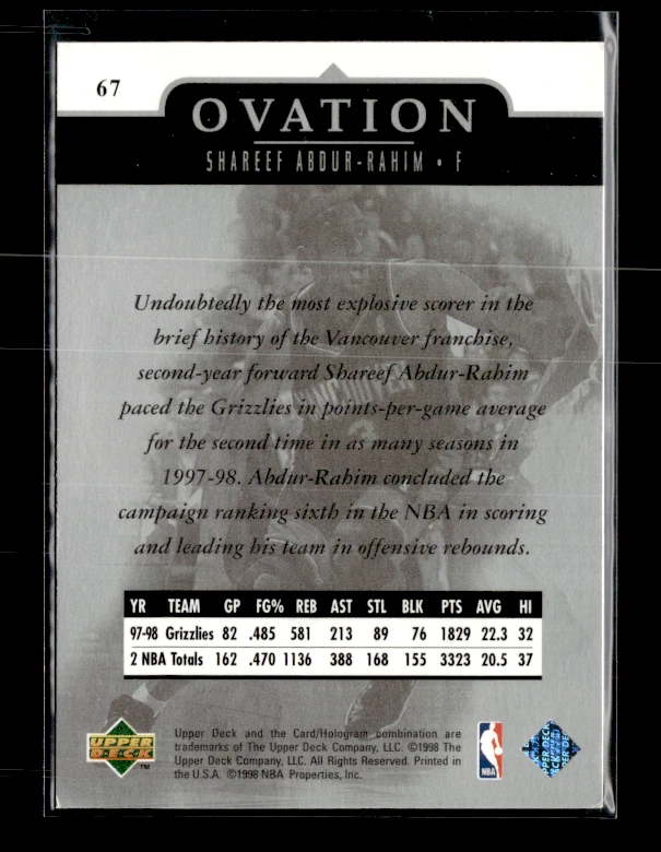 1998-99 Upper Deck Ovation Shareef Abdur Rahim #67 - image 2 of 2