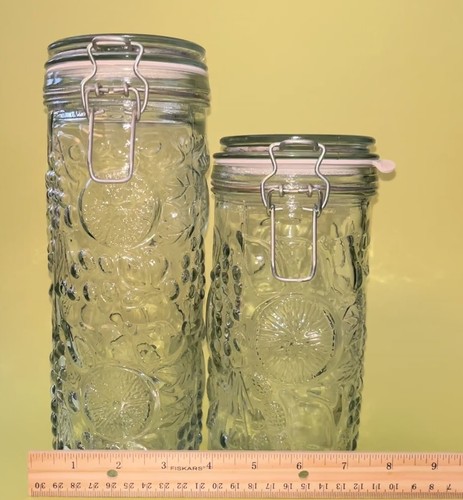 Fruit Embossed Glass Canister Wire Bale Jar Storage Set of 2 - Picture 2 of 13