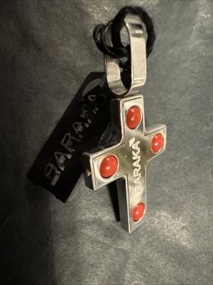Baraka 18k 750 White Gold with 4 Red Beads Cross Pendant only, Preowned.