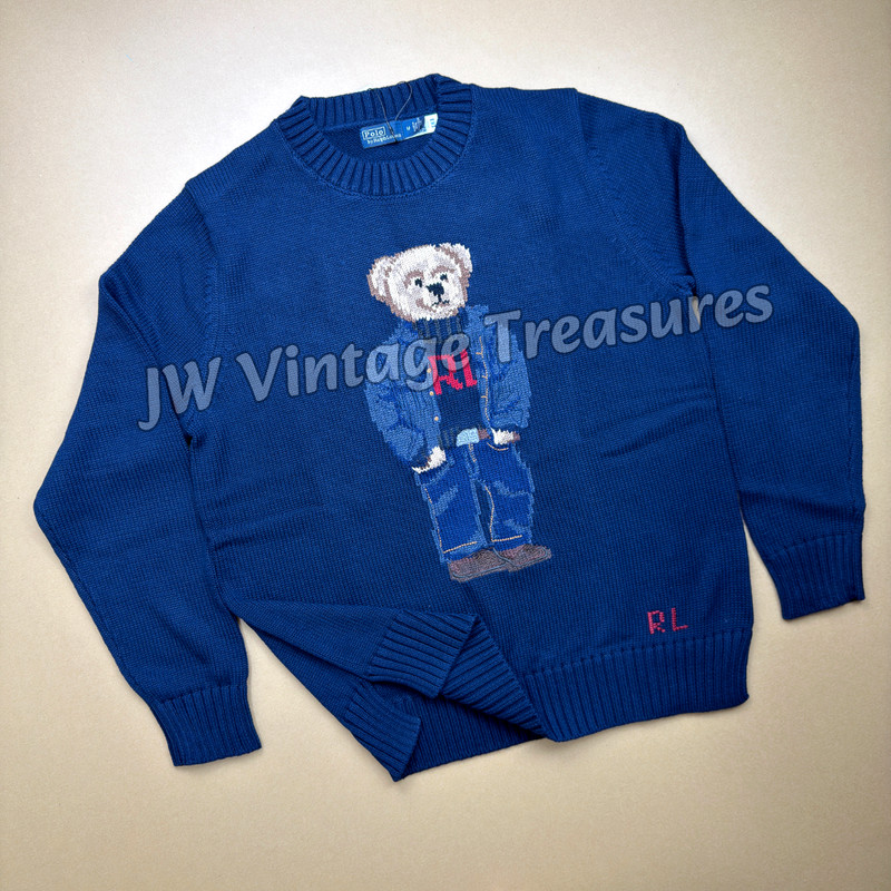 HOT POLO PALPH LAUREN Navy Bear Cotton Linen Sweater Trendy Fancy Men Medium