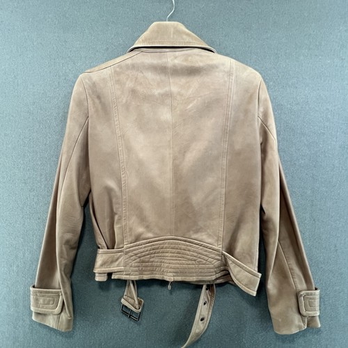 Mango Jacket Size M Womens Genuine Leather Biker Beige Soft Zip Detail - Picture 12 of 13