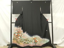 Japanese Kimono Black Tomesode Artist's Embroidery Duck Halo Dyed Pure Silk