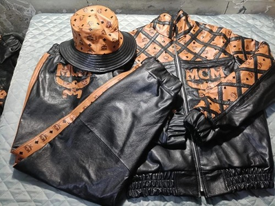 #ad Vintage MCM Black Leather Tracksuit Jacket Pants amp; Bucket Hat Set Monogram Logo $305.00