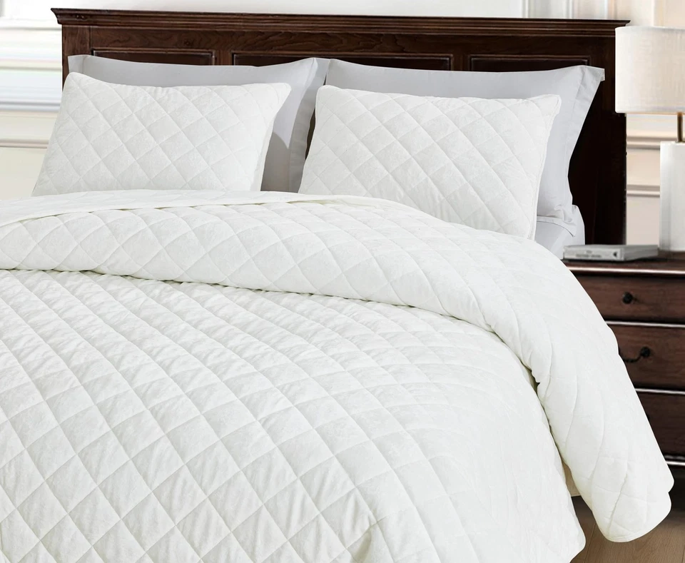 Lux Cream White Velvet Quilt Oversized King Set, 3-Piece Plush Distressed Vel... - Image 3 of 4