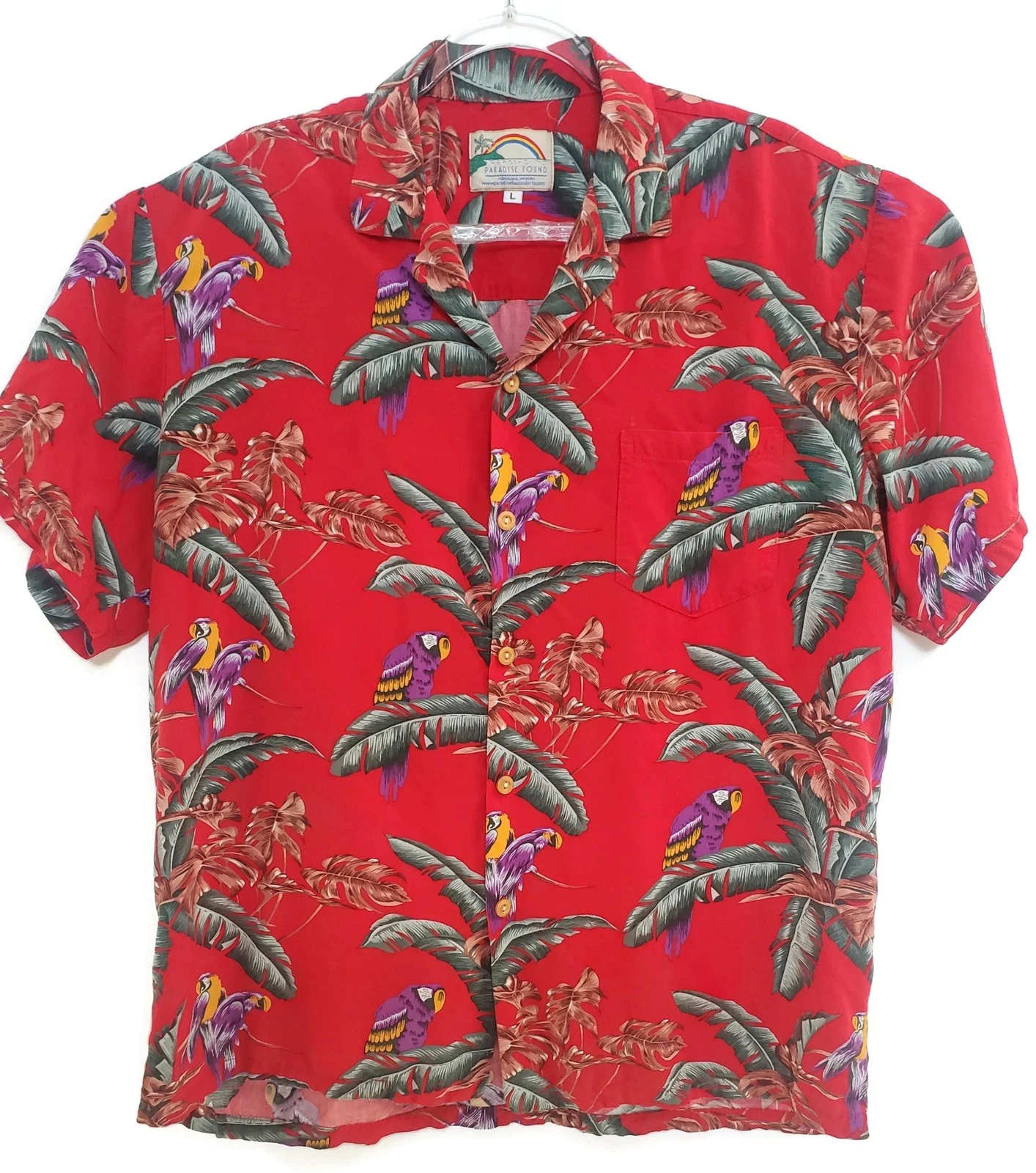 Paradise Found Shirt Mens Large Red Hawaiian Parrot Rayon Camp Button Front USA