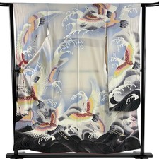 Furisode Gray Silk Kimono Crane Wave S Size Pre-Owned