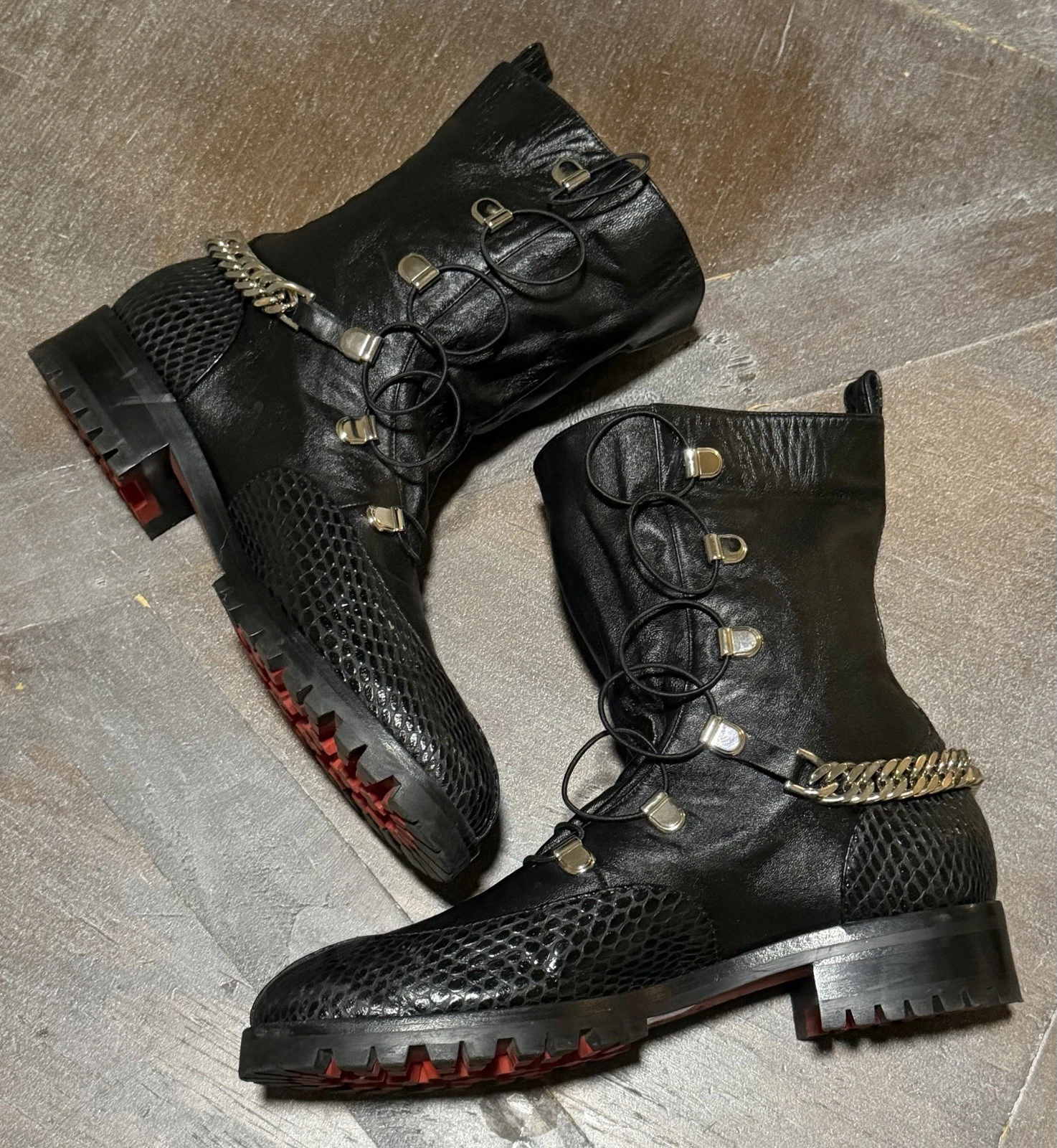 Christian Louboutin — MINT! Christian Louboutin Guarda Chain Strap Black Combat Boots Size 38.5  $1395