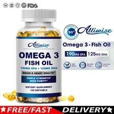 Omega 3 Fish Oil Capsules 3x Strength EPA & DHA, Highest Potency 120 Capsule