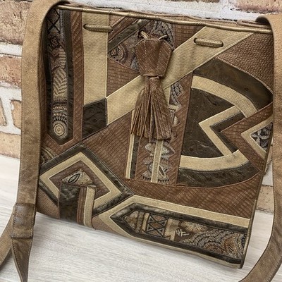 VTG 80s Sharif Patchwork Bag Beige Brown Leather Fabric Shoulder Purse