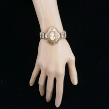 VINTAGE VICTORIAN REVIVAL HANDCARVED SHELL CAMEO DAMASCENE BOOK CHAIN BRACELET S