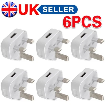 6 Pack UK USB Wall Charger 3 Pin Plug Mains Adapter For Phones, Tablets Power UK