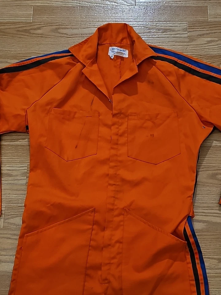 Vintage Racing Stripe Coveralls Sz 36 Blaze Orange Full Zip Long Sleeve Pockets - Image 4 of 4