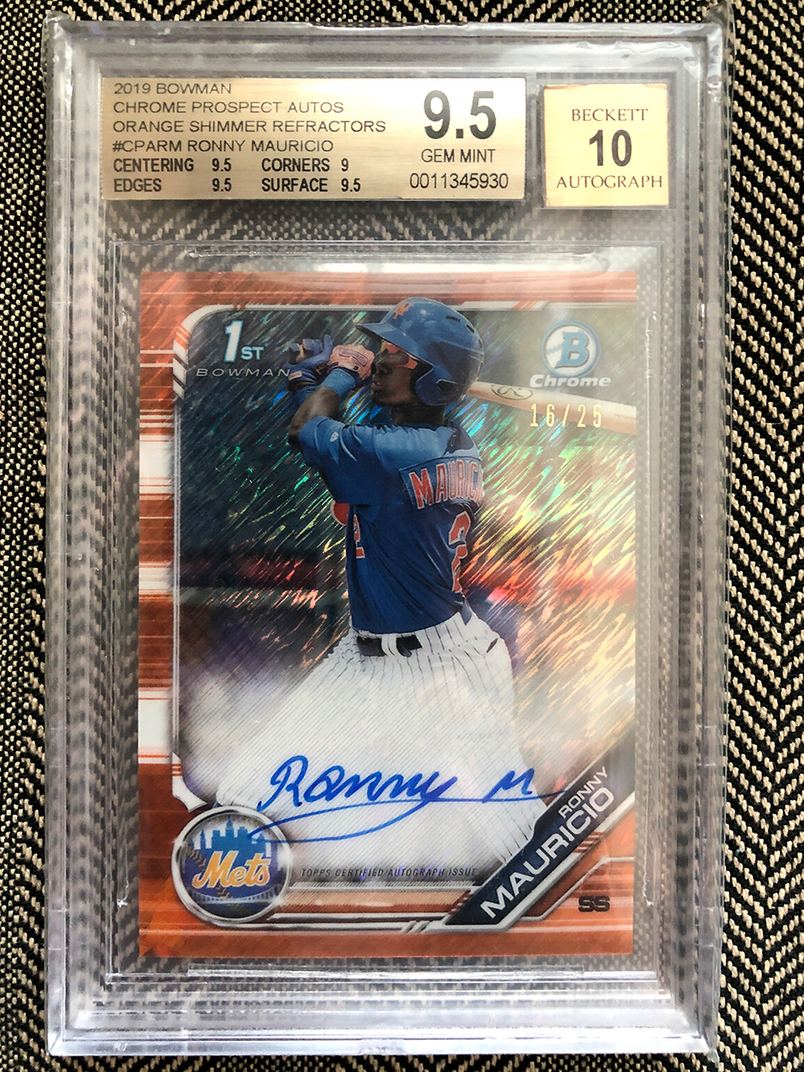 2019 Bowman Chrome Auto Ronny Mauricio Orange Shimmer Refractor /25 BGS 9.5