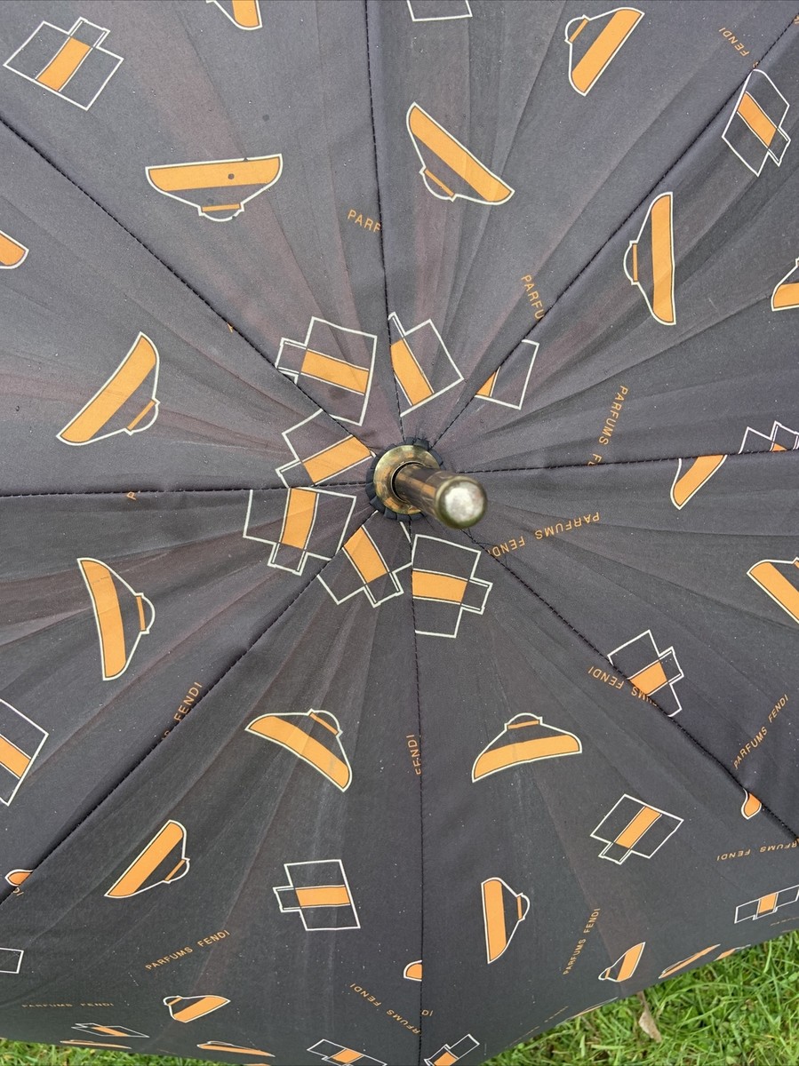 FENDI PARFUMES Vintage 1970's Full Size Black & Gold Umbrella