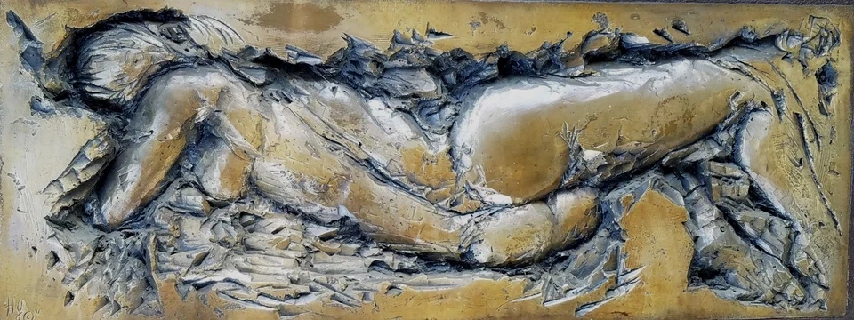 Escultura modernista de fibra de vidrio de mujer desnuda reclinada a gran escala 1971, con iniciales Foto 2 de 4