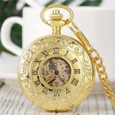 Mens Vintage Mechanical Pocket Watch Luxury Golden Skeleton Roman Numbers Chain