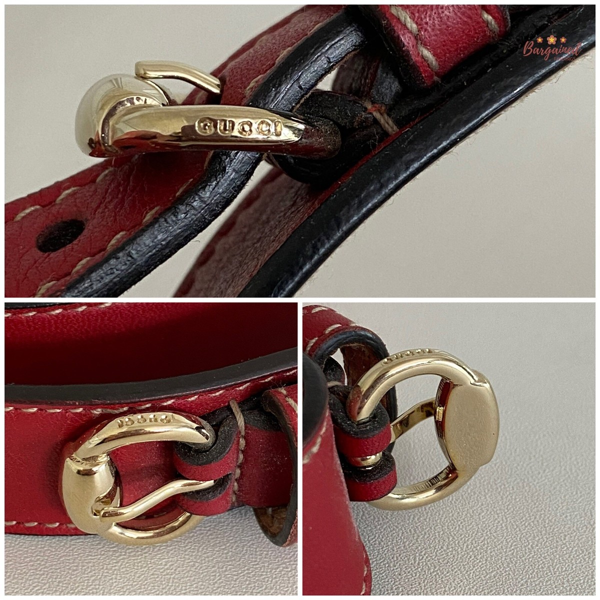 Authentic Gucci Red Leather Knot Skinny Horsebit Ring Buckle