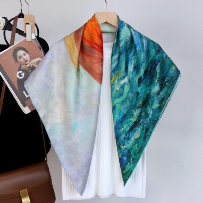 Sailing Oil Painting Twill Silk 18 Momme Double Face Scarf Stole Shawl 35'' Aqua