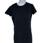 Black linen short sleeve shift dress size 6 with round neckline and loose fit, displayed on mannequin against white background.