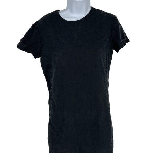Black linen short sleeve shift dress size 6 with round neckline and loose fit, displayed on mannequin against white background.