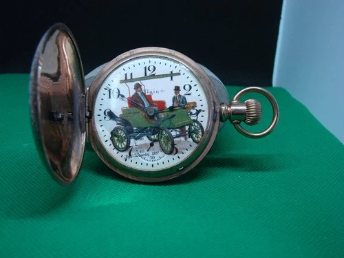 POCKET WATCH ELGIN 15j GOLD FILLED HUNTER CASE 16s ANTIQUE CAR DIAL ! ht3