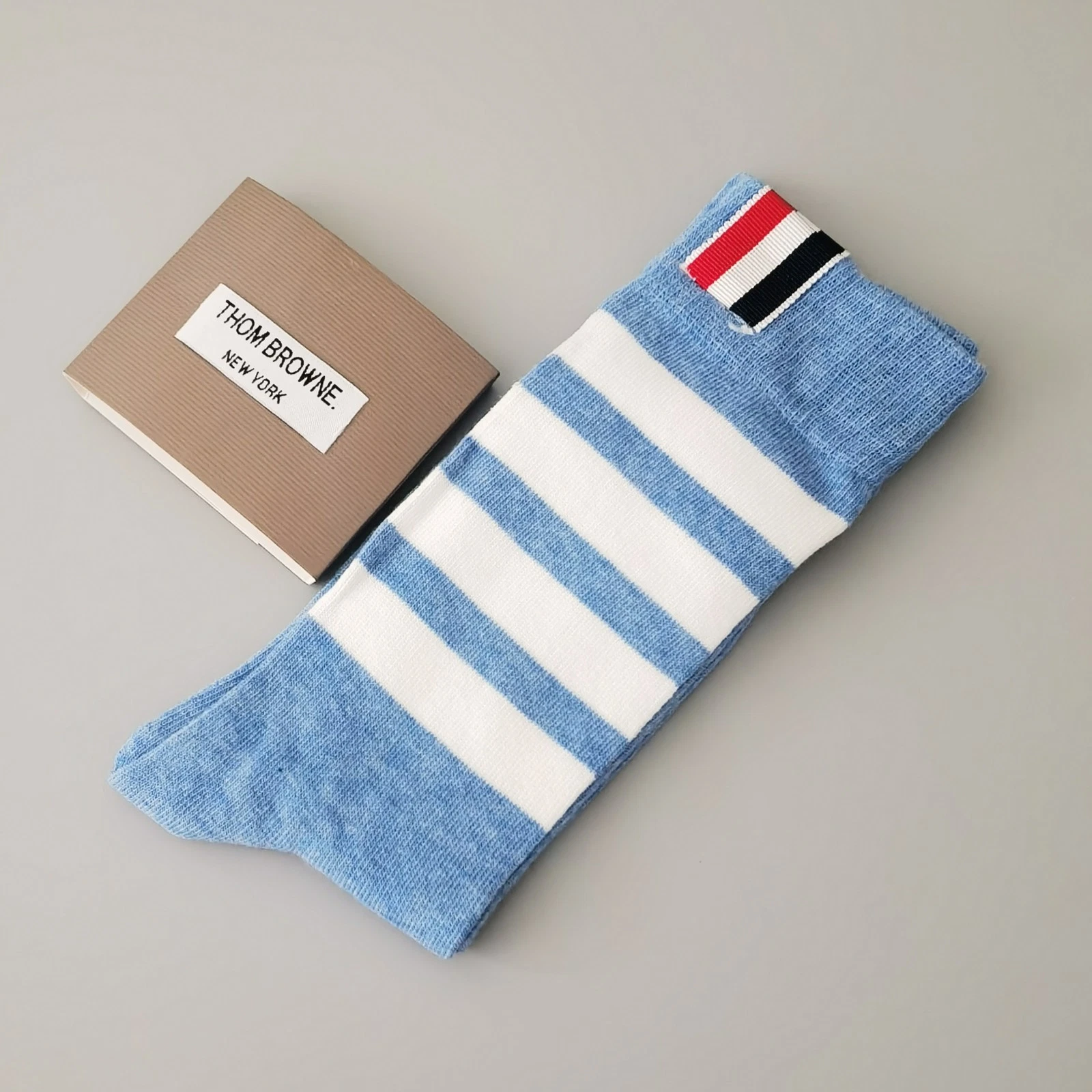 Thom Browne Women Mid Calf Socks Cotton Knit Stripe Blue Spring and Autumn Style