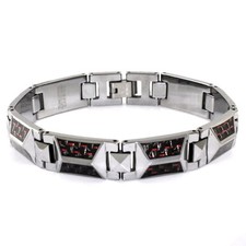 Tungsten Carbide Triangle Prism Red Carbon Fiber Inlay Men's Link Bracelet 8.5"