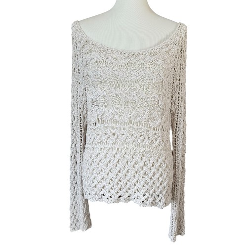 Free People Open Knit Off Shoulder Sweater Women’s Large Cream Bell Sleeve Boho