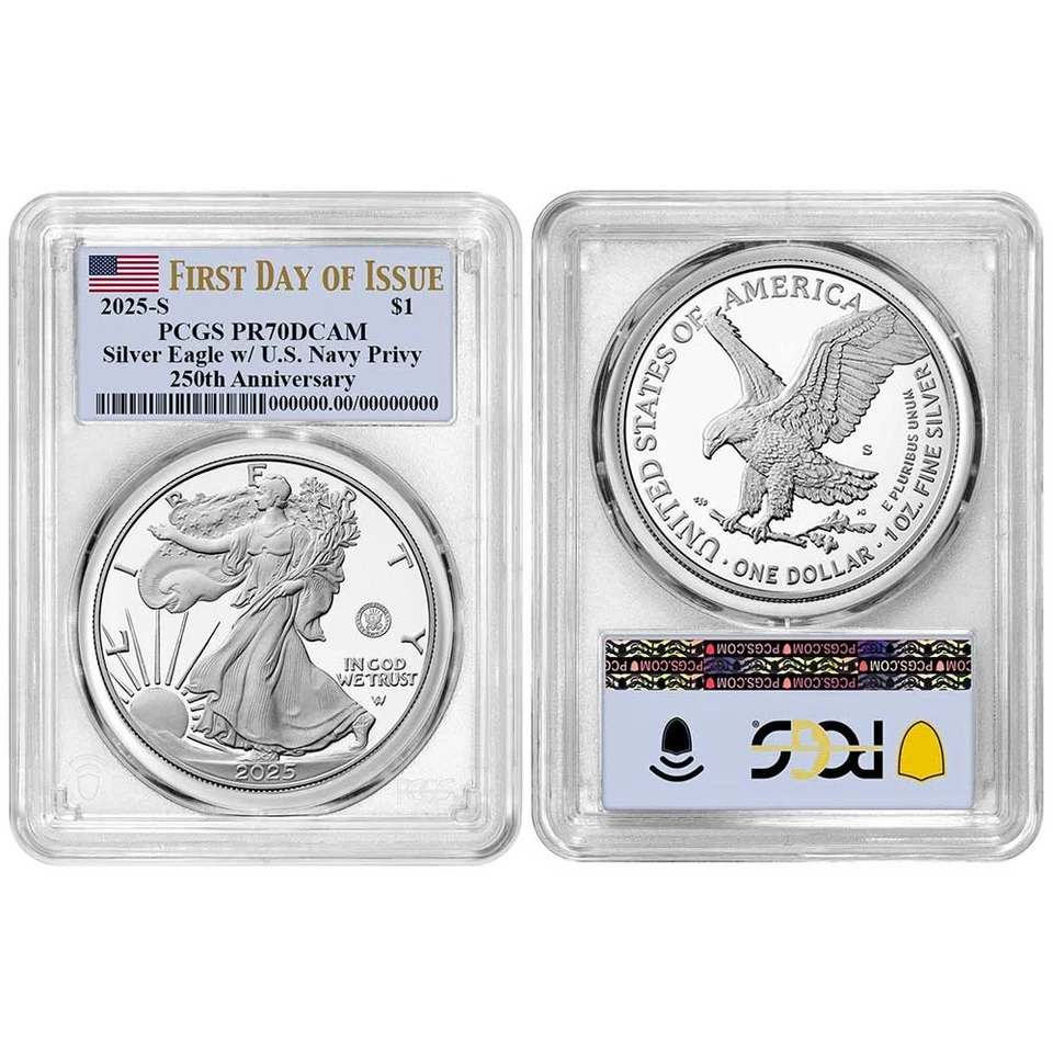 2025-S Proof $1 American Silver Eagle Navy Privy PCGS PR70DCAM FDOI Flag Label - Image 3 of 3