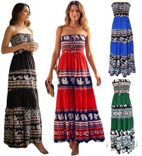 Womens Ethnic Cotton Blend Long Elephant Summer Smocked Strapless Gypsy Dress