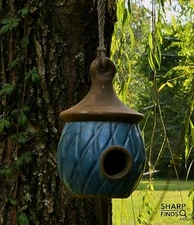 Vintage Stoneware Birdhouse Blue Glazed Hanging Pottery Folk Art Garden 8"