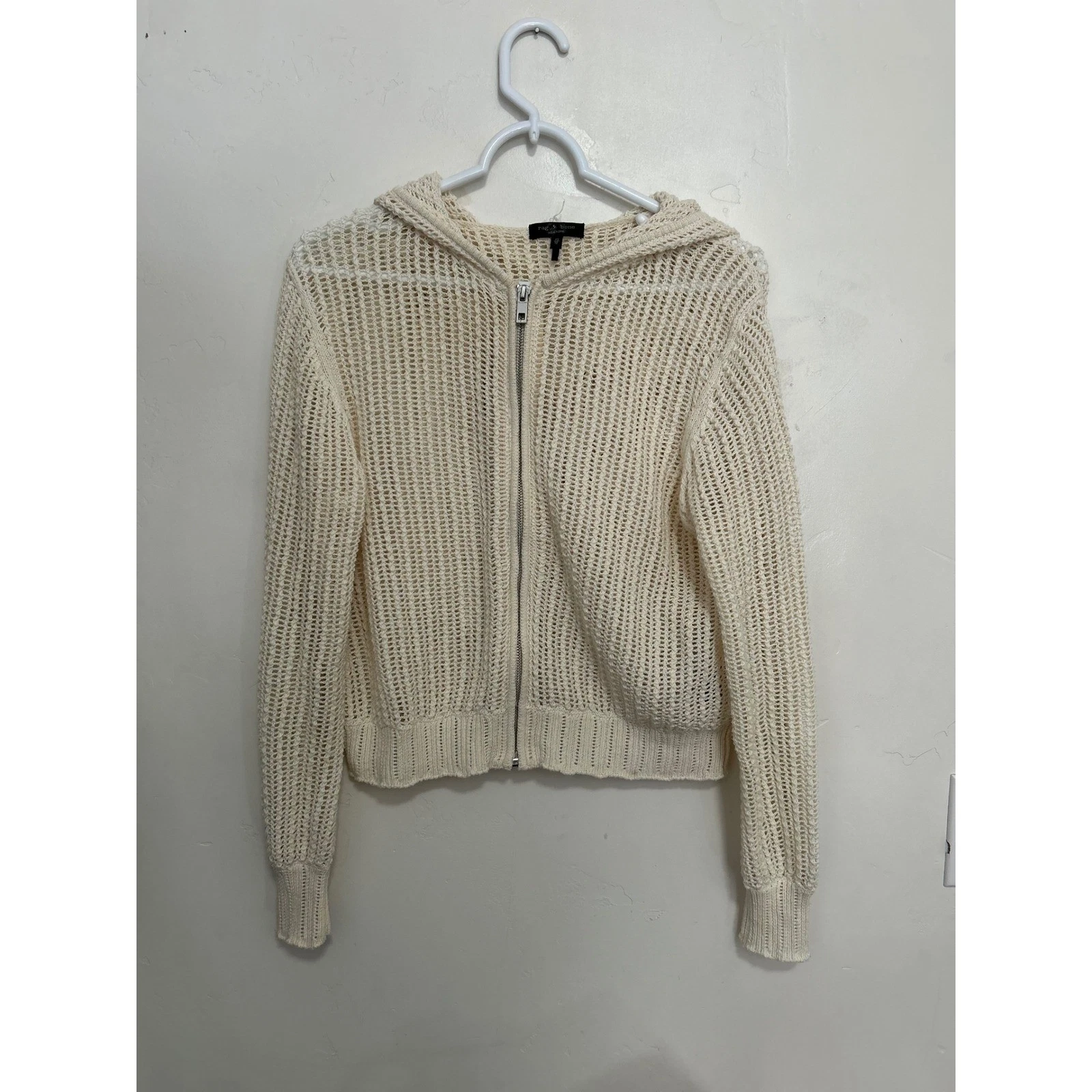 Rag & Bone Womens Ivory Open Knit Mesh Full Zip Hoodie Sweater XS Extra Small