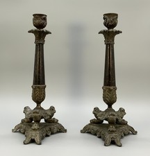 Pair French Empire Candlestick Holders 19th-Century Antique Cast Metal