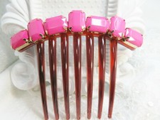Pink Rhinestone French Hair comb for thick hair, Hot pink large rhinestones comb