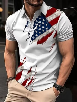 Camisa tipo polo con botones y gráfico de estrellas y bandera estadounidense