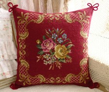 16" Beautiful Elegant Burgandy Rose Floral Decorative Swirls Needlepoint Pillow