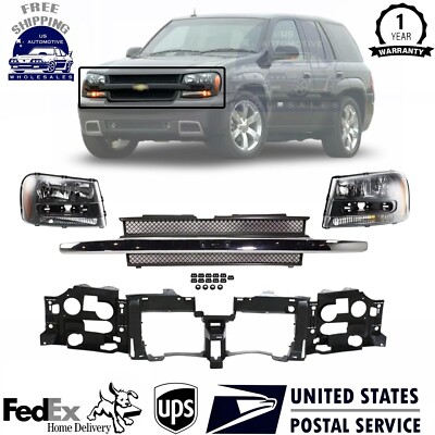 New Headlight Kit w/Grille & Header Panel For 2002-2009 Chevrolet Trailblazer